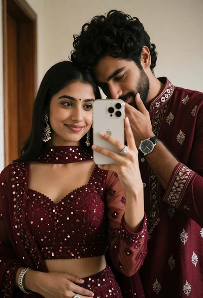 Couple taking a mirror selfie in matching maroon traditional indian attire