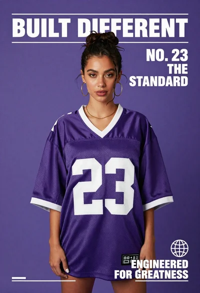 Confident young woman in oversized purple football jersey number 23 on solid
