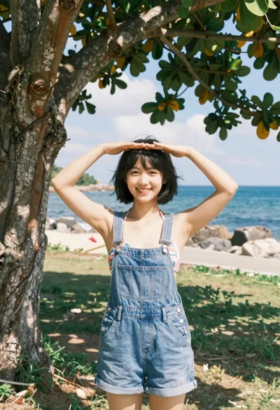 Smiling young woman in denim overalls outdoors near ocean shoreline