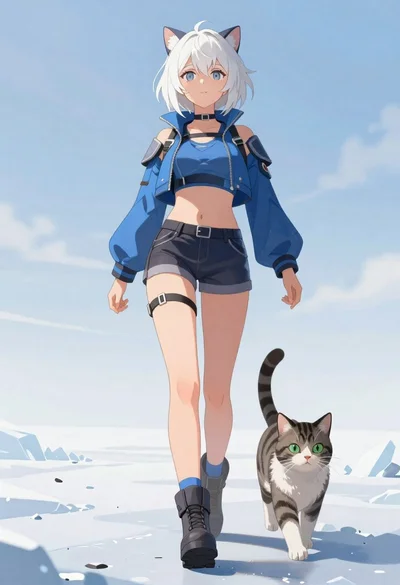 Anime woman with cat ears walking with striped tabby cat