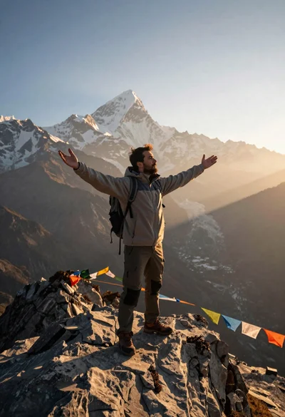 Adventurous man standing on rugged himalayan peak at dawn vista