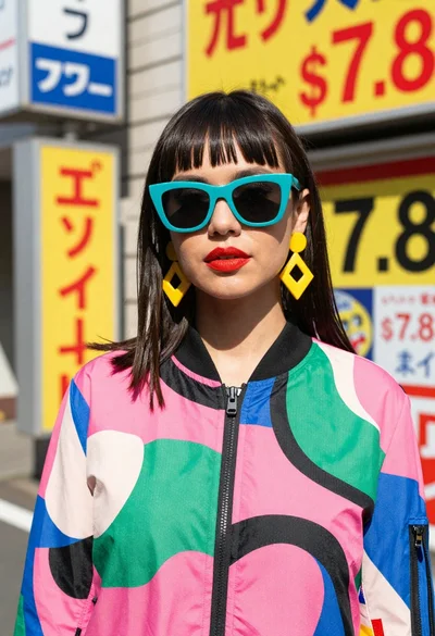 Young woman in turquoise sunglasses on vibrant city street