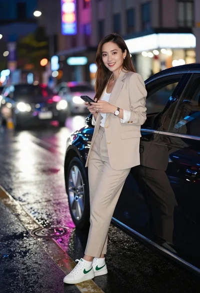 Confident young woman in beige pantsuit standing beside black luxury car on