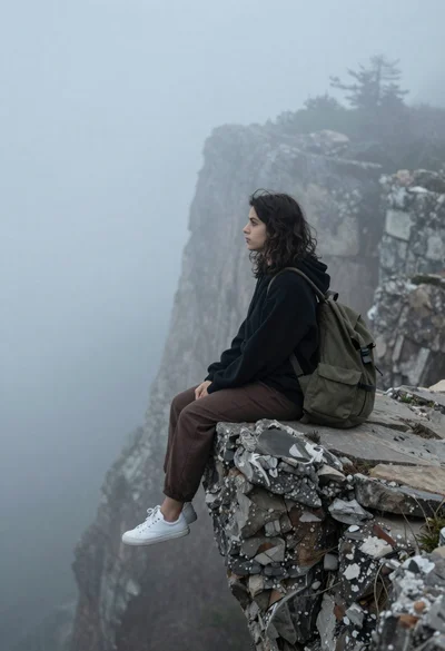 Young woman in black hoodie sitting on rocky cliff in thick fog