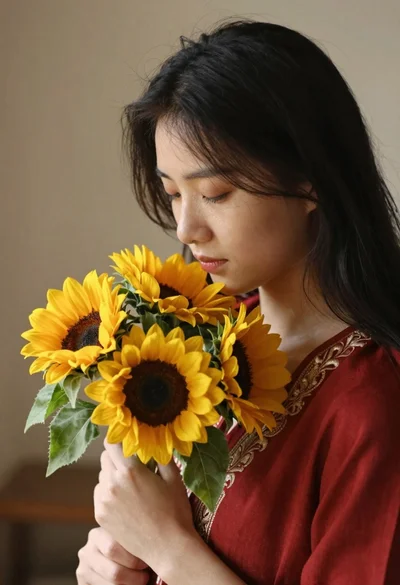 Young woman with black hair holding sunflowers in a red embroidered top