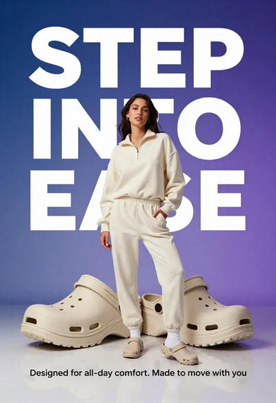 Young woman in cream sweatshirt leaning against oversized beige clogs in studio