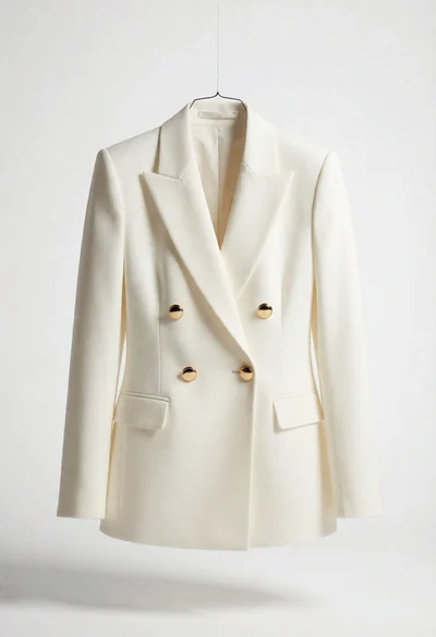 Studio product shot of cream blazer hanging against seamless white background