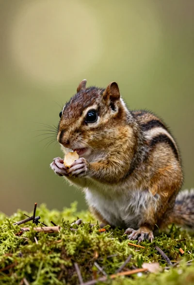Close up portrait of a chipmunk eating on vibrant green mossy forest