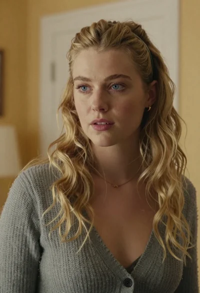 Medium close up portrait of blonde woman in grey cardigan indoors