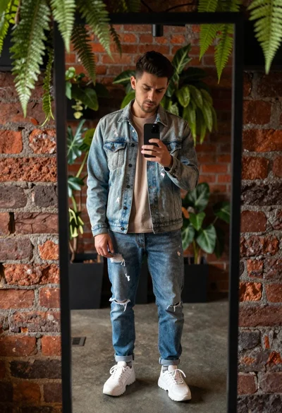 Young man taking mirror selfie in front of brick wall and plants