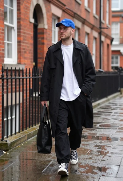Young man in trench coat walking on wet city street holding black