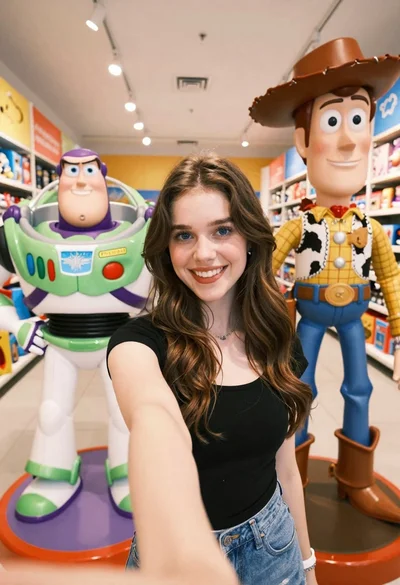 Young woman taking selfie between toy statues in brightly lit store aisle