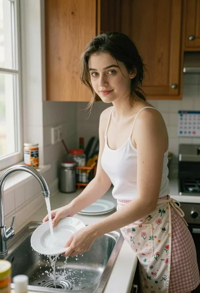 Young woman washing dishes in a bright kitchen setting with natural light