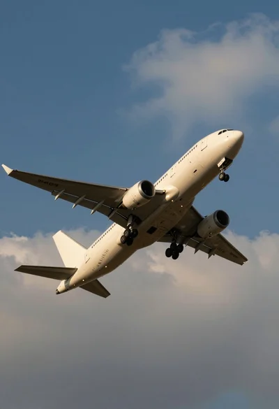 Low angle view of white airliner banking sharply against blue sky