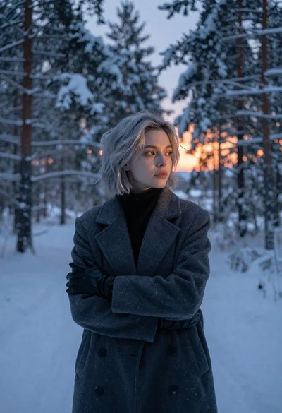 Young woman with short silver hair stands in snowy forest at twilight