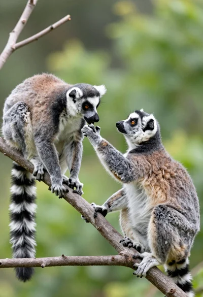 Two ringtailed lemurs interacting on a tree branch in soft green foliage