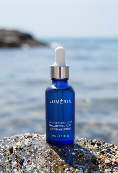Blue glass dropper bottle of serum standing on wet rock at water