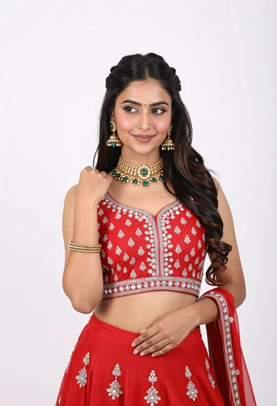 Young woman in red traditional outfit posing against white studio background