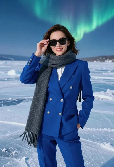 Confident woman in blue doublebreasted suit posing on icy landscape under green