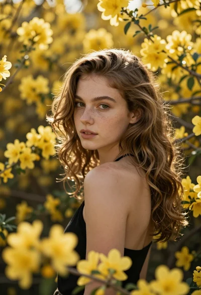 Fair skinned woman with light brown wavy hair among bright yellow flowers