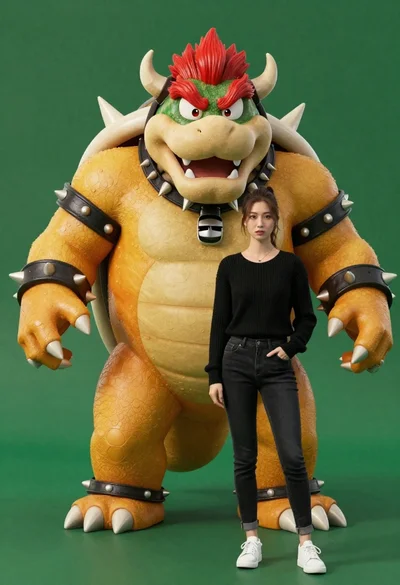 Muscular bowser character standing next to young woman in black sweater