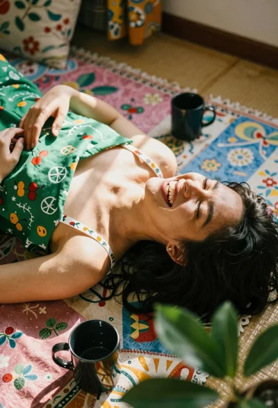 Joyful woman laughing indoors under bright sunlight high angle view