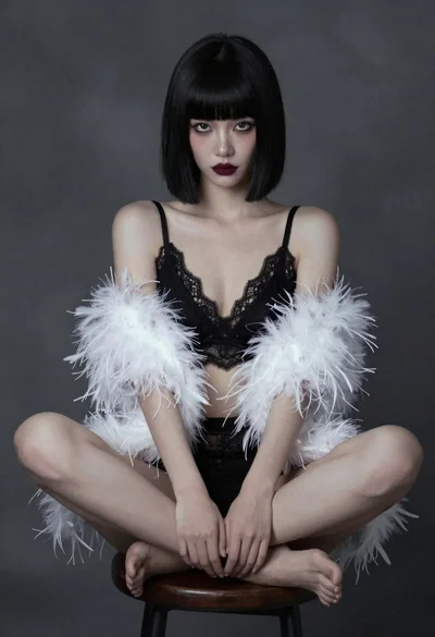 Woman in black lace and white feathers sitting on stool studio portrait