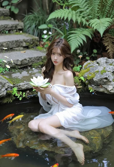 Woman in white dress holding lotus flower in shallow pool with fish