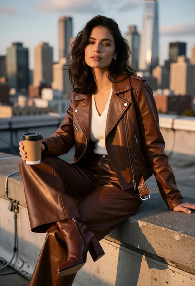 Stylish woman on concrete rooftop ledge overlooking blurred city skyline
