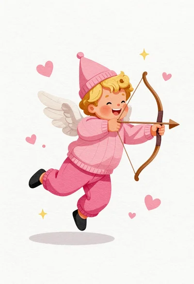 Chubby cupid flying with bow on white paper