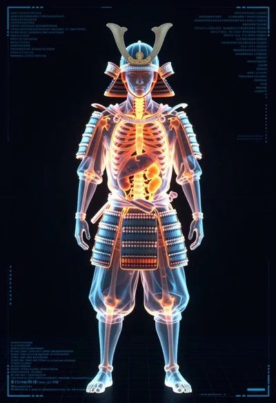 Full body digital xray scan of a samurai warrior against dark background