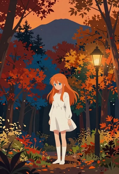Anime girl in autumn forest with colorful foliage