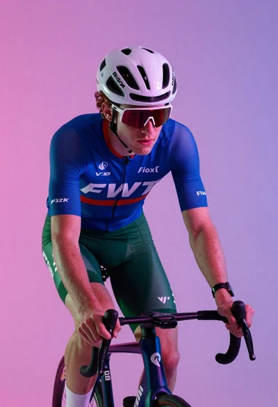Cyclist in aerodynamic tuck pose studio portrait