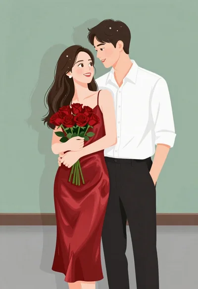 Smiling couple embracing indoors woman in red satin dress holding roses