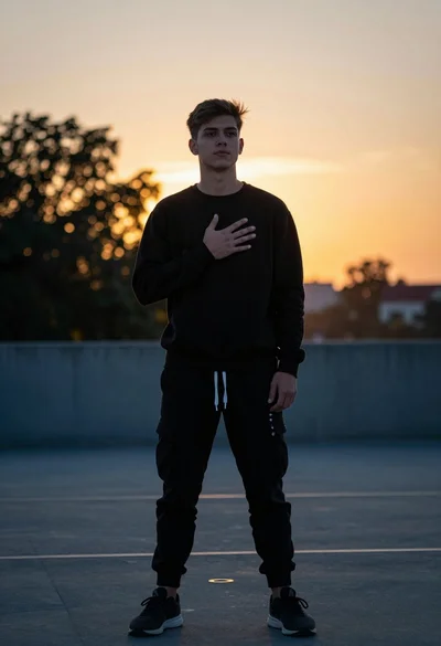 Young man standing confidently outdoors against a blurred sunset sky