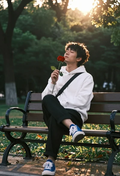 Man sitting on park bench holding red rose in golden hour sunlight