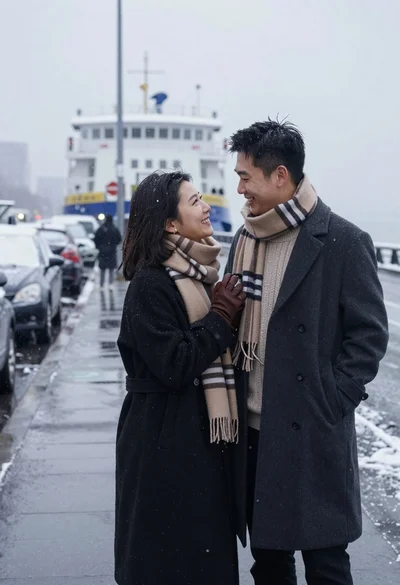Romantic couple standing close together on wet city sidewalk during light snowfall