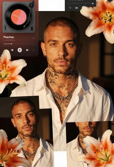Man with buzz cut neck tattoos in open white shirt collage style