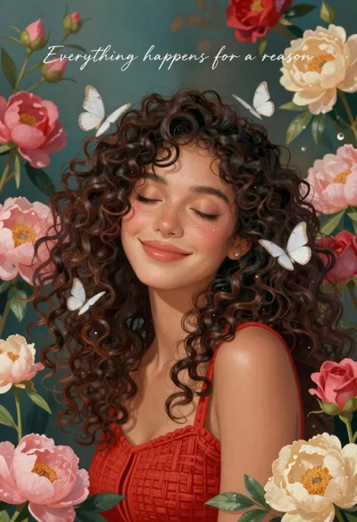 Smiling woman with curly hair in floral garden with white butterflies