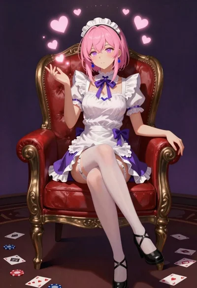 Pink haired anime girl sitting on red armchair
