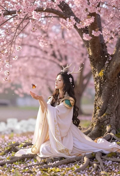 Woman kneeling among cherry blossom roots under pink sky