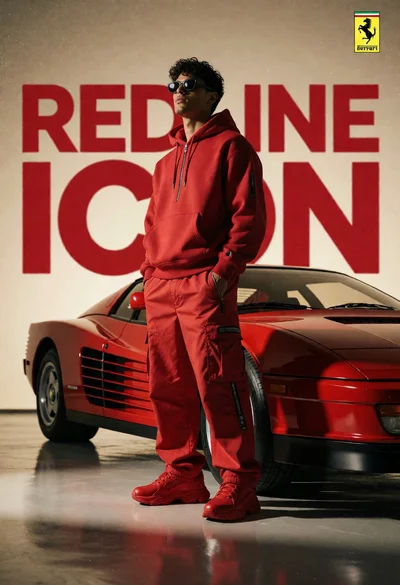Man in red outfit beside classic ferrari testarossa in studio setting