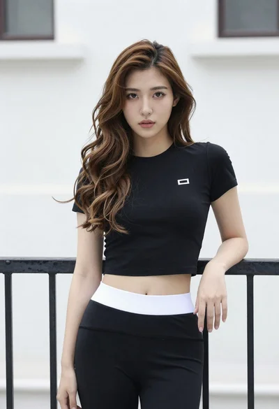 Young east asian woman in black crop top leaning against railing outdoors