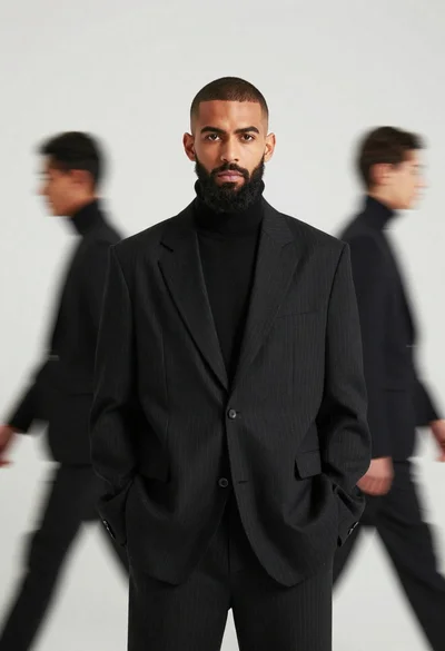 Male model in black pinstriped suit against white backdrop