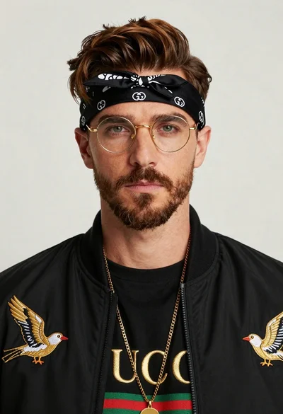 Closeup portrait of man with brown hair gold glasses and bomber jacket