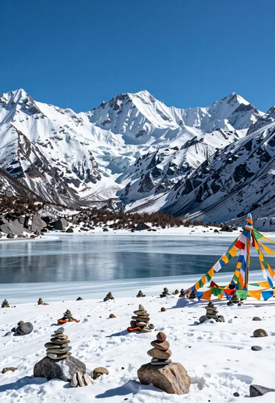 Majestic high altitude landscape with frozen lake and colorful prayer flags