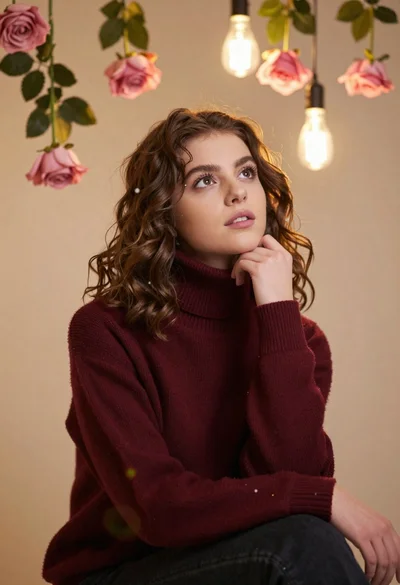 Young woman in maroon turtleneck sweater looking up among pink roses
