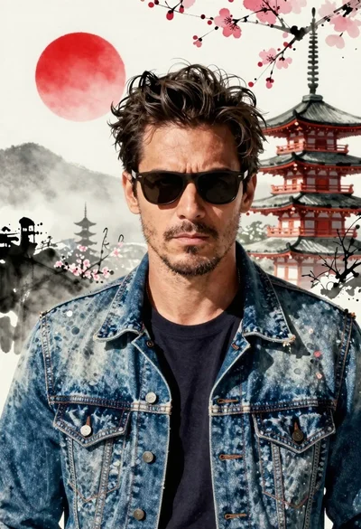 Confident man in denim jacket stands before traditional japanese pagoda on misty