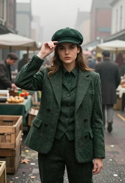 Confident young woman in dark green suit standing in foggy vintage city