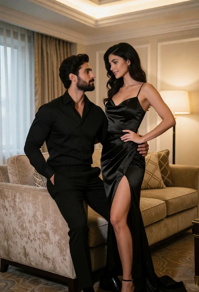 Intimate couple portrait in luxurious hotel room setting with warm ambient light